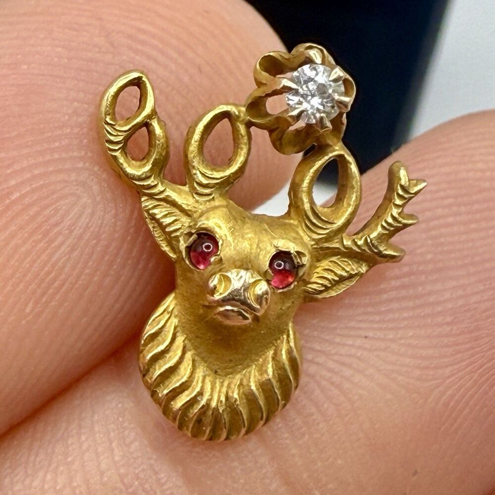 Vintage 10K Yellow Gold BPOE Elks Lodge Elk Head Lapel Pin Diamond & Ruby